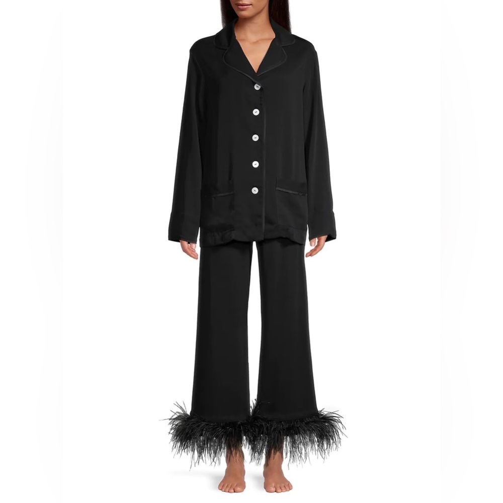 Sleeper Party Faux Feather 2-Piece Pajama Set - Black